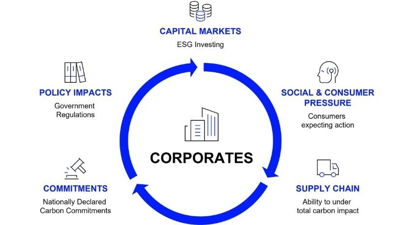 An infographic presenting the corporate carbon challenge featuring: Commitment-Nationally declared carbon commitments, Policy impacts-government regulations, Capital markets-ESG investing, Social and consumer pressure-Consumers expecting action, Supply chain-Ability to under total carbon impact