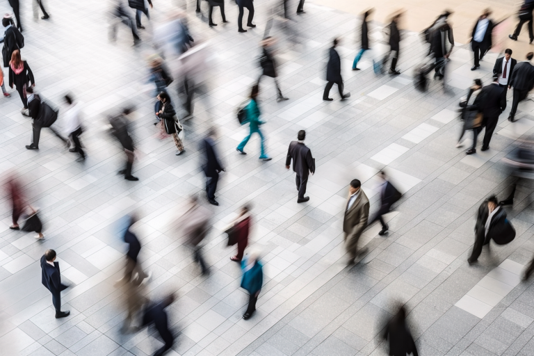 A busy street with people walking in different directions