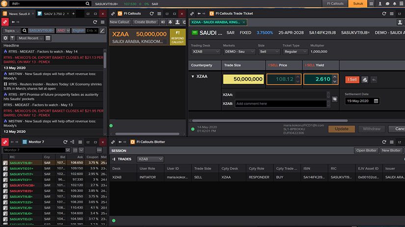 The sukuk callout as part of Fixed Income (FI) callouts platform utilizes and improves on familiar incoming calls, trade tickets and blotter panels.