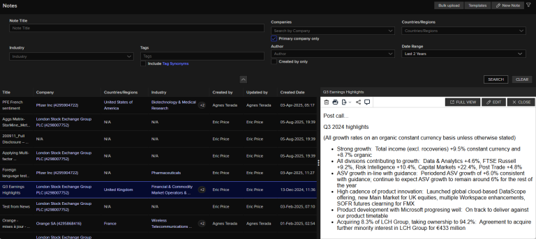 A dashboard showing how to capture, collaborate, and connect: RMS Notes brings the internal research into one searchable, compliant, and integrated workspace.