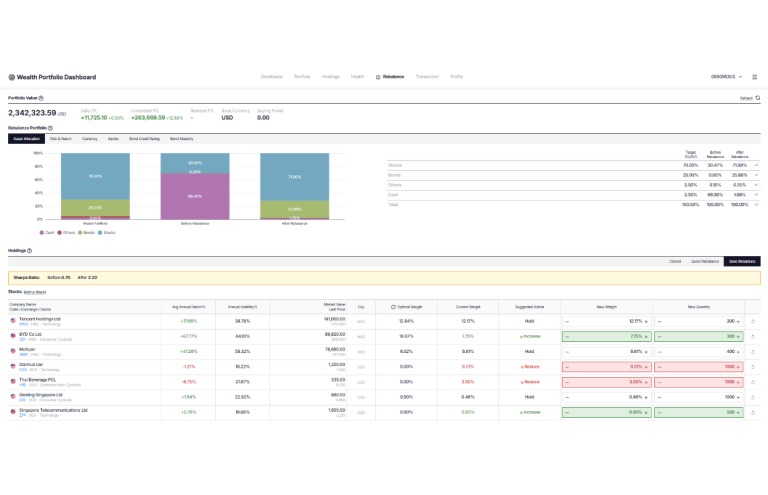 Portfolio rebalancing dashboard showing asset allocation analysis, investment performance metrics, portfolio optimisation recommendations and multi-asset wealth management tools.