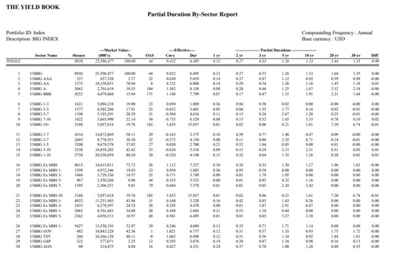 Yield Book Classic risk report on partial durations screenshot