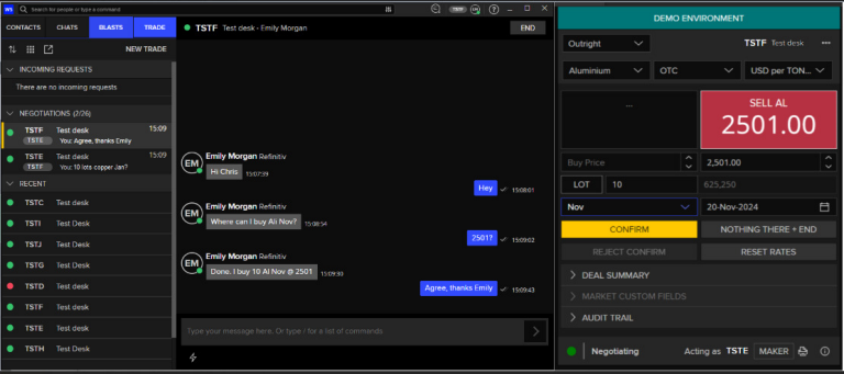 View of Advanced Dealing peer-to-peer electronic messaging service in LSEG Workspace.