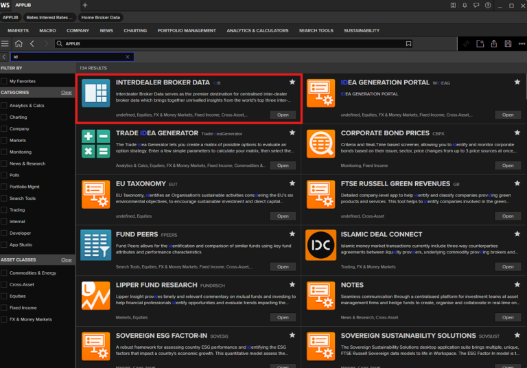 Image showcasing where the interdealer broker data (IDB) app can be found on Workspace.
