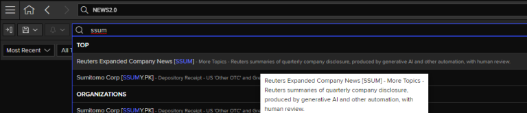 Image displaying how to search for Reuters Super Summaries in News Monitor on LSEG Workspace