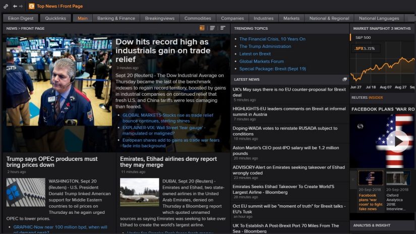 Screenshot showing the Eikon news front page