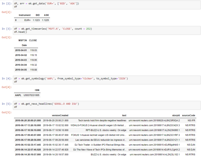 A screenshot presenting lines of Eikon data API code