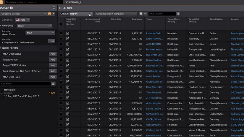 screenshot of Eikon showing mergers and acquisitions data