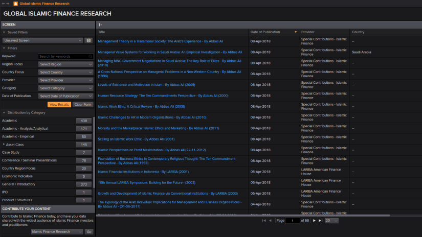 Screenshot of eikon showing islamic finance research library