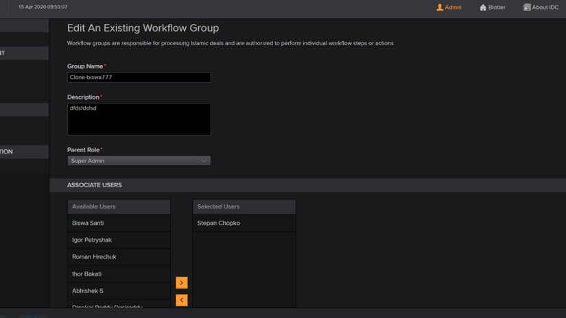 A screenshot showing Islamic Deal Connect - Workflow Group Management