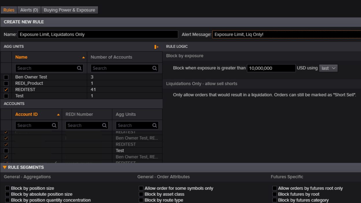 screenshot of REDI showing Risk Manager leveraging trading rules and compliance functionality