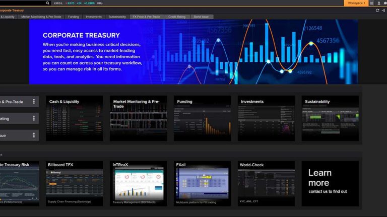 A screenshot is showing the home page for Corporate Treasury in Refinitiv Eikon, where users can access information and insights on market monitoring, funding, investments, liquidity, risk management, hedging, and ESG within the ‘CORPT’ app.