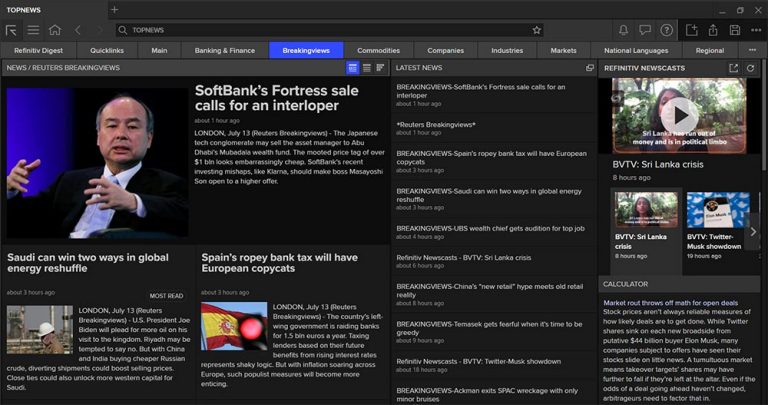 A screenshot of Eikon and Workspace platforms, showing the home page of the Breakingviews news section.