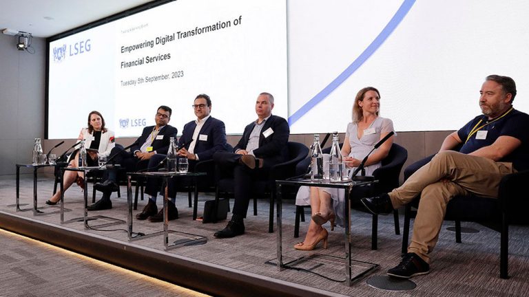 A picture of the panelists at the London Stock Exchange auditorium: Adrian Crockett, EJ Achtner, Stephen Flaherty, Dr Biswa Sengupta, Emily Prince.
