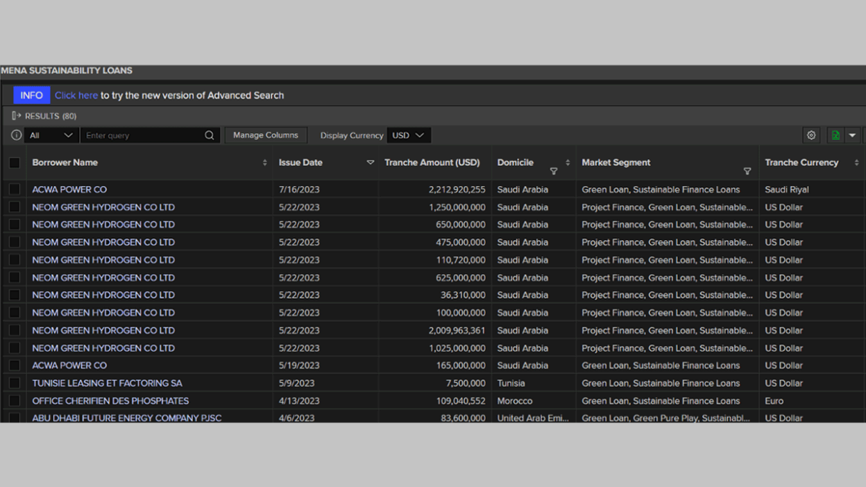 Screenshot of LSEG Workspace platform showing that MENA is witnessing a rise in sustainability-related loans.