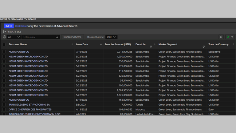 Screenshot of LSEG Workspace platform showing that MENA is witnessing a rise in sustainability-related loans.