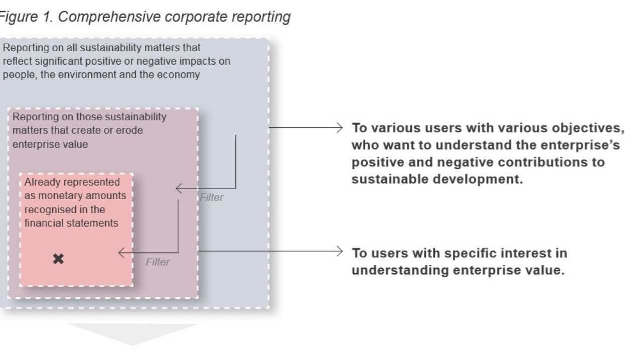 this diagram aims to bridge the divide and nicely captures the concept of dynamic materiality. Financial materiality is found in the pink and purple boxes incorporating an “understanding enterprise value”, while social and environmental materiality is in the blue box. It aims to highlight the “interoperability” of approaches.   