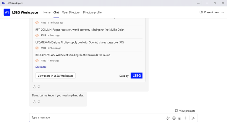 LSEG Workspace app in Microsoft Teams showing Reuters news updates, including market headlines, with options to view additional content in LSEG Workspace.