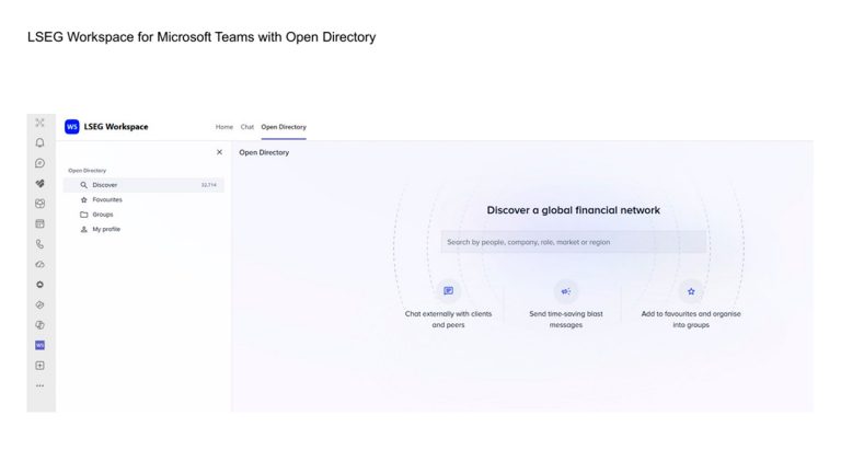 LSEG Workspace Open Directory screen with a search bar and features for discovering and connecting with financial market participants.