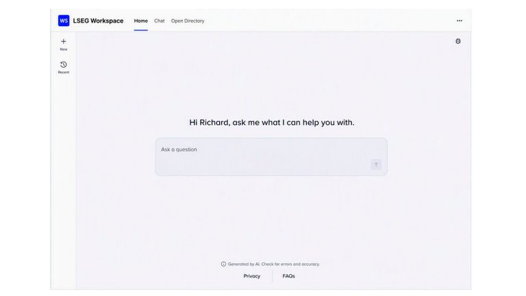 LSEG Workspace chat interface displaying a welcome message and a question input field.