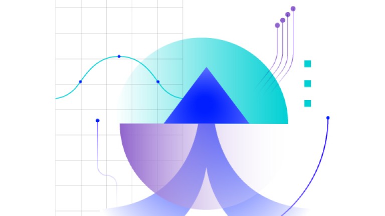 Series of graphic images in aqua, purple and blue