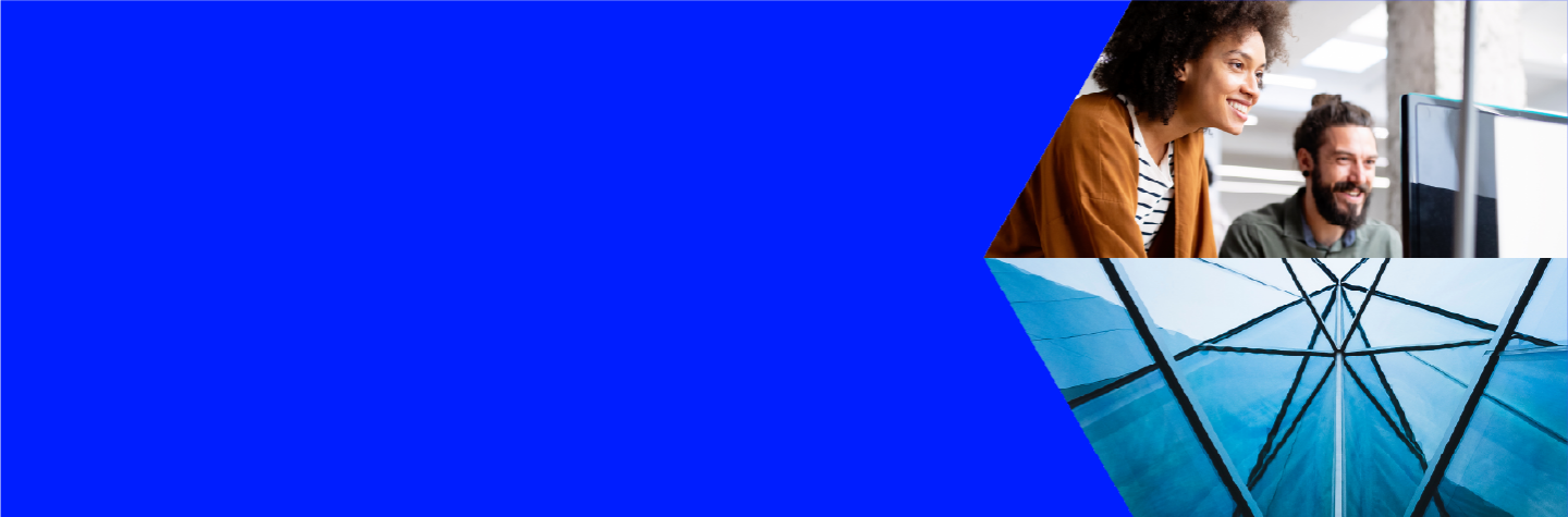 Two people collaborating in a modern office, with an abstract geometric overlay below.