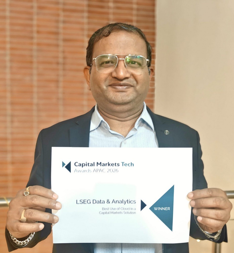 Sandeep Shrivastava holding the Capital Markets Tech Awards 2026 for Best Use of Cloud in a Capital Markets Solution - Filings over S3.