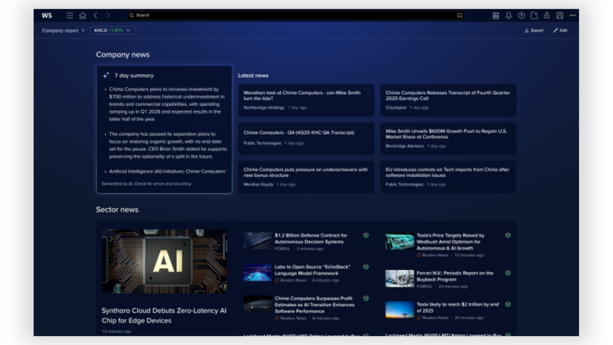 Company news page displaying an AI-generated company news summary, recent company headlines, and sector-related news articles in a dashboard layout.