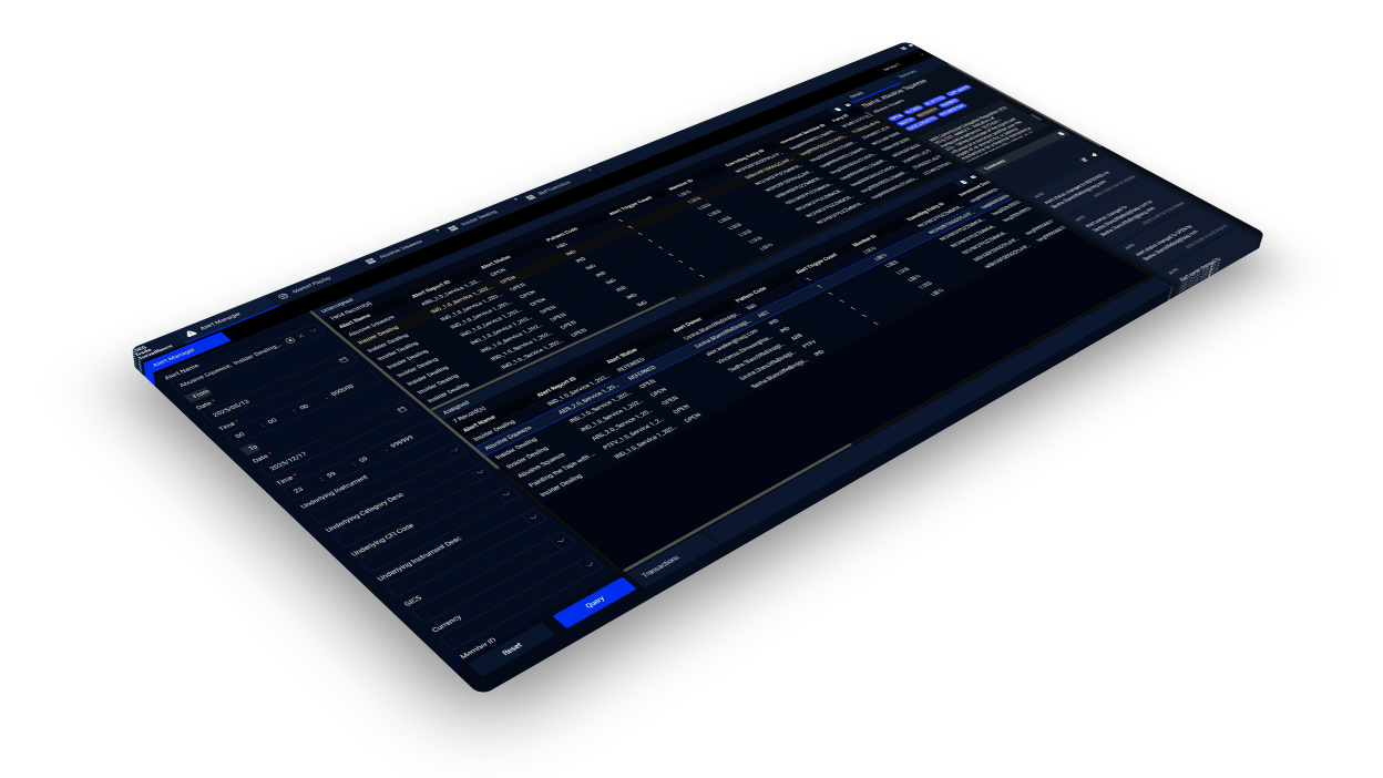 LSEG Trade Surveillance for FX solution product screenshot displaying a list of high-quality, accurate, cross-venue alerts