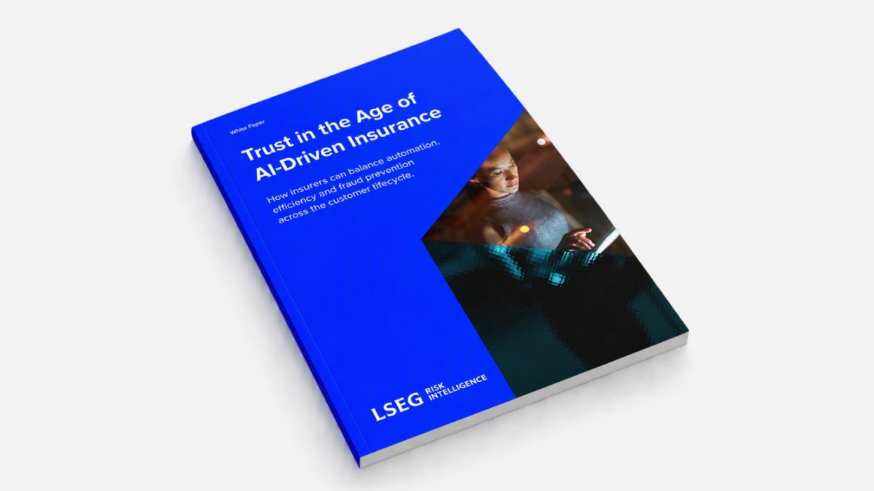 LSEG Risk Intelligence white paper cover titled “Trust in the Age of AI-Driven Insurance”, featuring a person using a digital device.